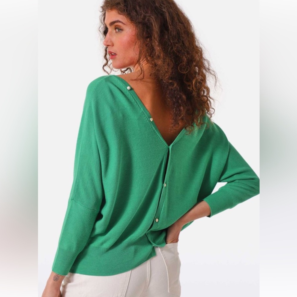 ba&sh Green V-Neck Sweater with Button-Back